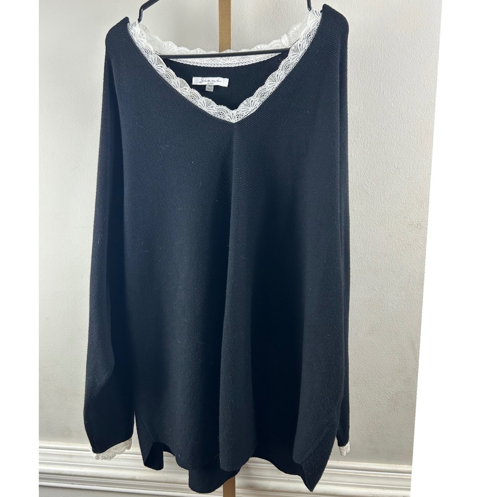 Siani Milano Pullover Sweater Womens 3X Black Modern Lace Trim V-Neck Ribbed